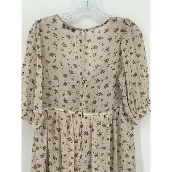 Trixxi Boho Floral Ruffle Mini Dress Beige Sheer Puff Sleeve Women’s Large - Picture 5 of 13